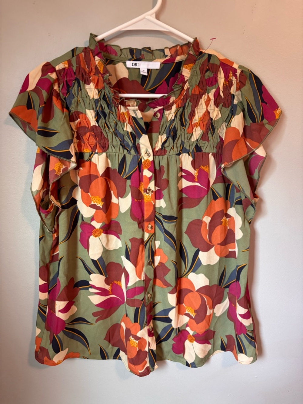 DR2 Green, Pink & Orange Floral Button-Front Ruffle Sleeve Top